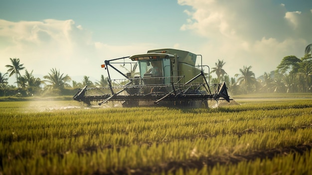 Foto una foto de una cosechadora de arroz en un arrozal