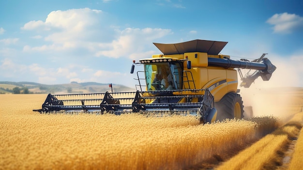 Una foto de una cosechadora en un campo de canola dorada