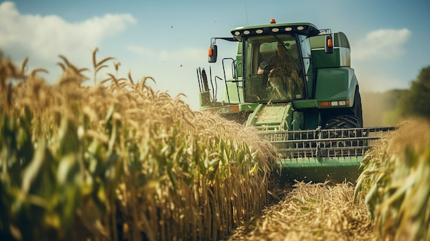 Foto una foto de una cosechadora de ensilado en acción cortando plantas de maíz