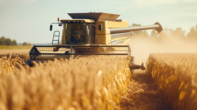 Una foto de una cosechadora que se mueve a través de un campo de maíz