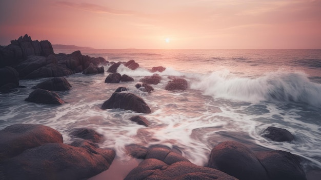 Foto Costa rocosa con olas rompiendo y hermosa puesta de sol