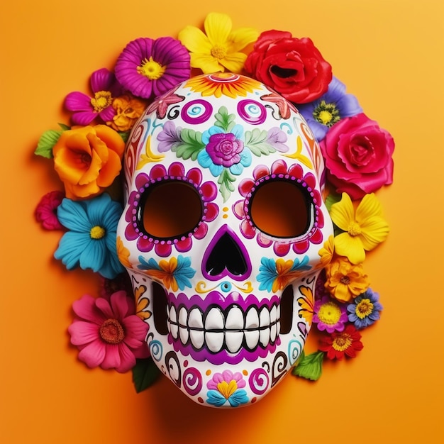 Foto del cráneo de azúcar mexicano en un fondo colorido concepto minimalista de Halloween