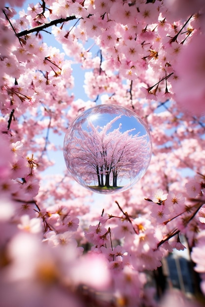 Una foto creativa de flores de cerezo a través de la lente de una bola de cristal