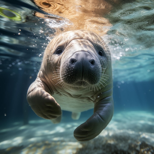 Foto de una cría de manatí que se desliza con gracia bajo el agua IA generativa