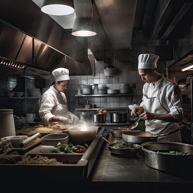 foto criada em IA de dois cozinheiros cozinhando em uma cozinha de restaurante profissional conceito de restaurante e alta cozinha