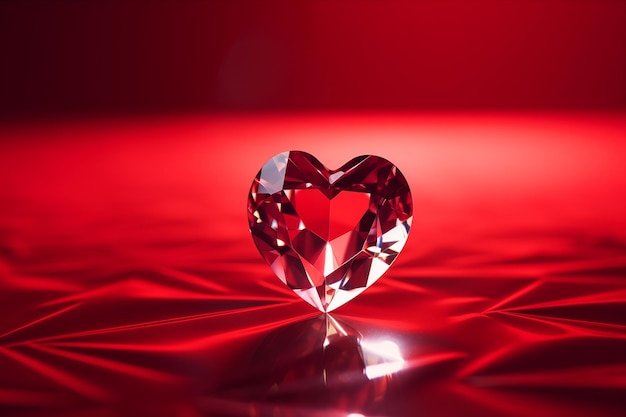 foto de cristal en forma de corazón flotando sobre un fondo rojo intenso