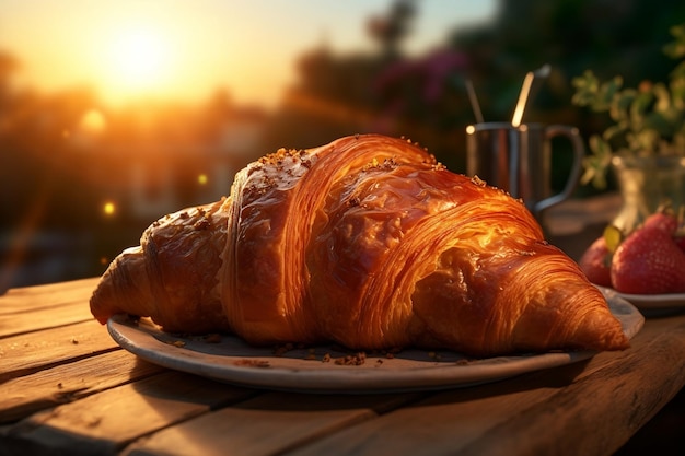 Una foto de un croissant dorado cinemático fresco y sabroso Generative Ai