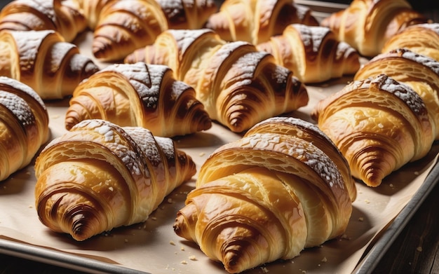 Foto-Croissants auf einem Tablett frisch aus dem Ofen