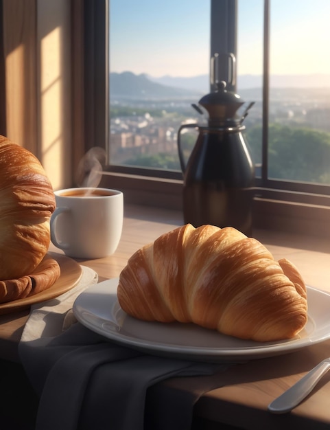 Foto foto de croissants y café en la ventana de la mañana