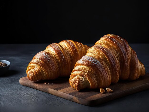 Una foto de croissants en una tabla de cortar de madera