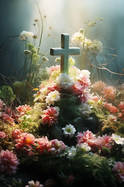 Foto de una cruz de piedra cubierta de musgo rodeada de flores silvestres en flor Arte del Viernes Santo de la palma de Pascua