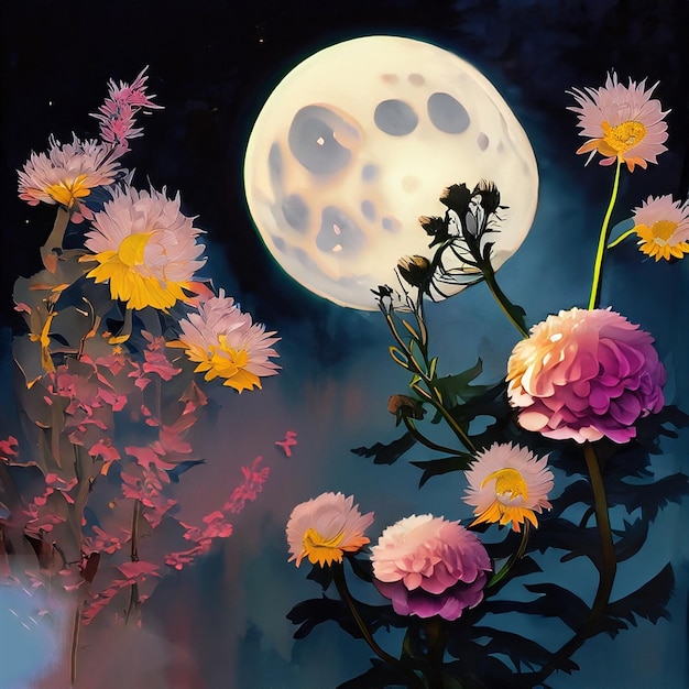 Foto cuadro de flores con luna llena de fondo ai generativo