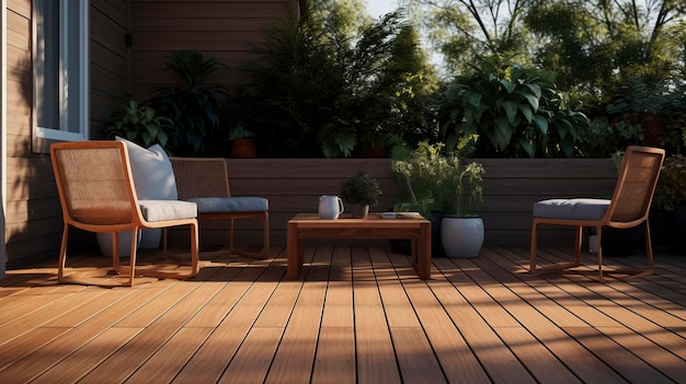 Una foto de una cubierta de madera con muebles al aire libre