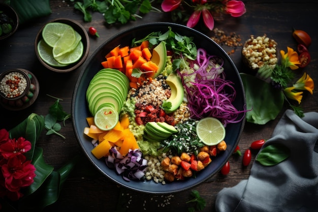 Foto de un cuenco de Buda equilibrado con ingredientes coloridos IA generativa