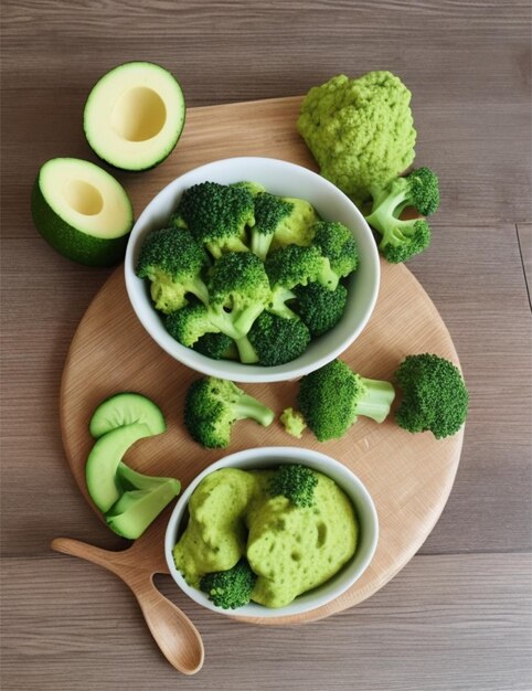 Foto de un cuenco de comida saludable para bebés con sabroso puré de brócoli en una mesa blanca de madera