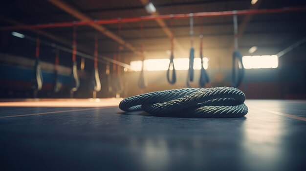 Una foto de una cuerda de batalla no utilizada en un gimnasio