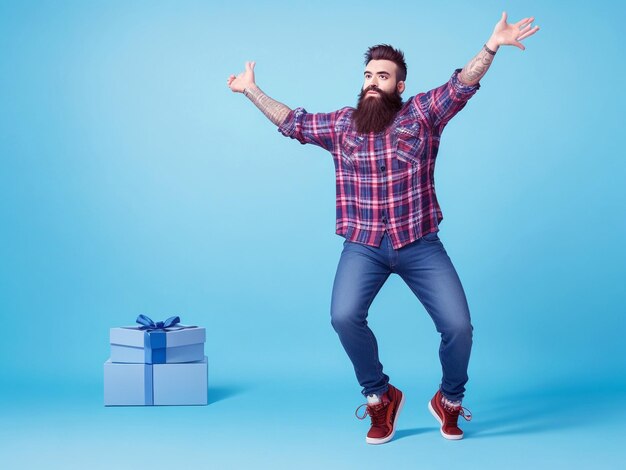 Foto de cuerpo completo de un hombre loco con barba vestido con camisa a cuadros vaqueros corriendo tolook en el espacio vacío