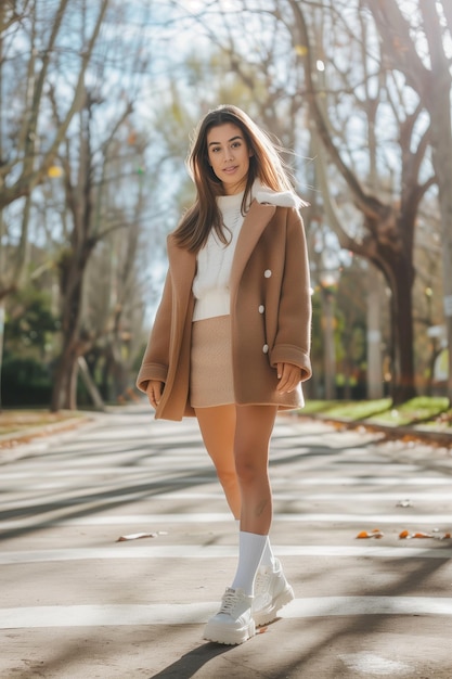 Foto de cuerpo entero de una elegante y hermosa joven española con cabello largo y liso con camisa blanca debajo de mini falda beige y abrigo y botas maquillaje pequeña sonrisa caminando en el parque