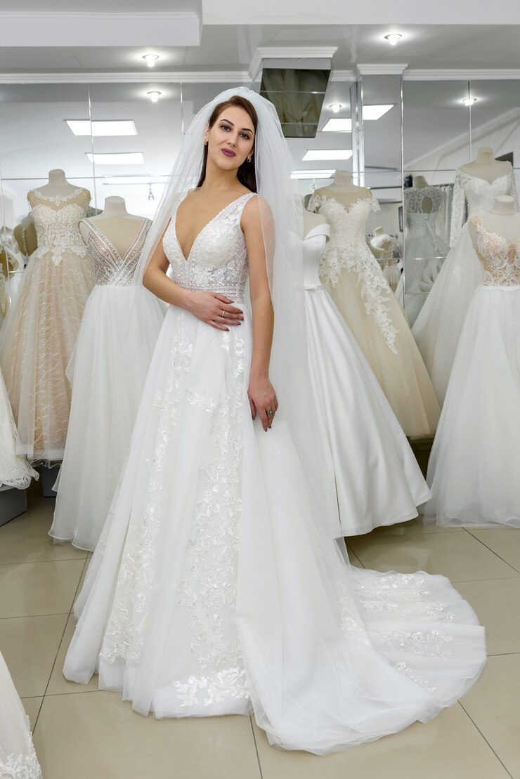 Foto foto de cuerpo entero de la novia en la tienda de bodas