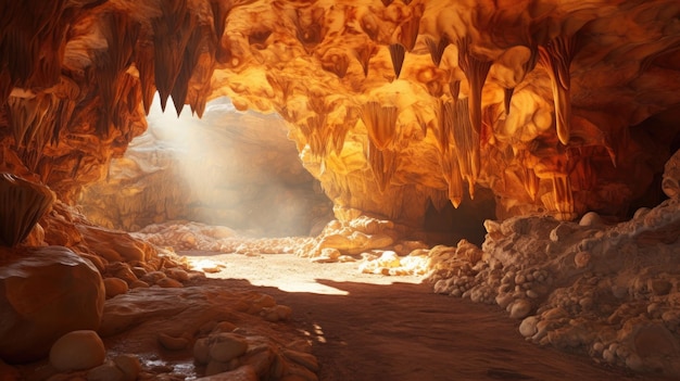 Una foto de una cueva con una gran cámara subterránea de luz natural suave