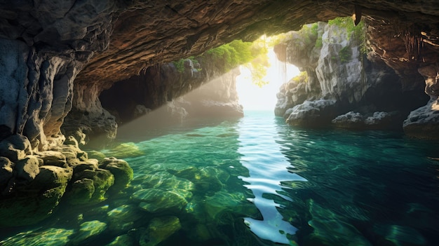 Una foto de una cueva marina costera con agua cristalina y luz solar brillante