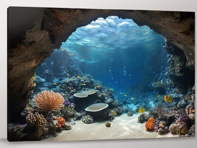 Foto de una cueva con una vista de corales y vida marina
