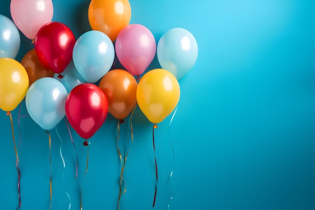 Foto cumpleaños fondo azul con ilustración de globos Feliz cumpleaños ai generative