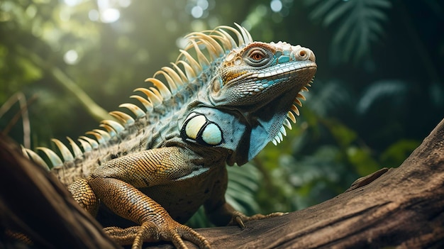 Una foto de una curiosa iguana que muestra obediencia en un entorno único