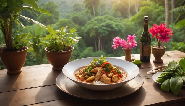 Una foto del curry rojo de pollo y caju con arroz y hierbas servido en un pintoresco patio al aire libre