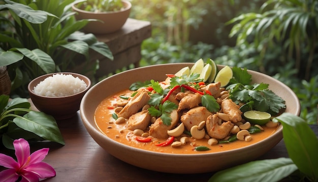 Una foto del curry rojo de pollo y caju con arroz y hierbas servido en un pintoresco patio al aire libre