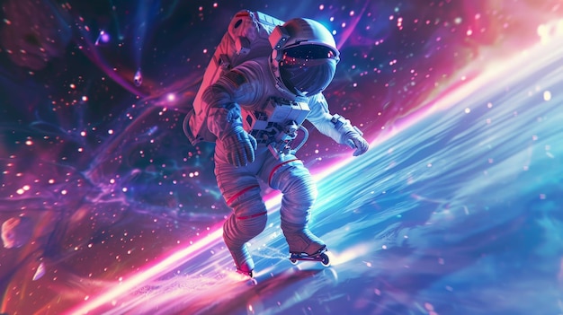 Foto foto cyberpunk de um astronauta jogando patins coloridos no espaço