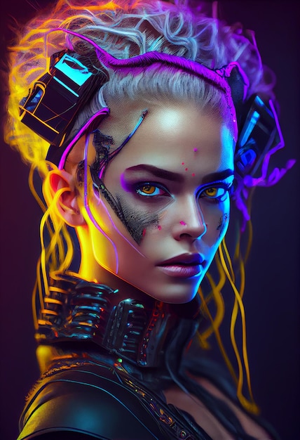 Foto cyberpunk mujer retrato estilo neón futurista Generar Ai