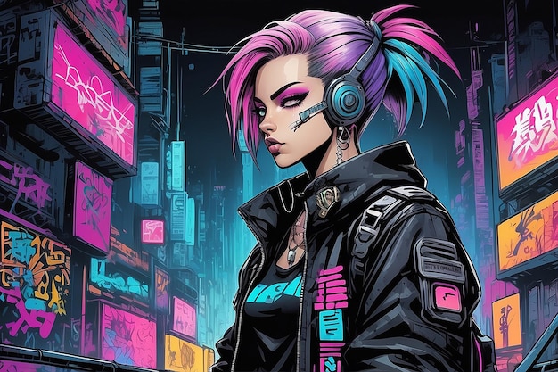 Foto cyberpunk punkrock personagem de mangá e anime desenhado à mão em estilo de quadrinhos e graffiti dos anos 90