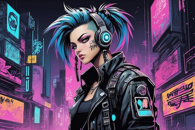 Foto foto cyberpunk punkrock personagem de mangá e anime desenhado à mão em estilo de quadrinhos e graffiti dos anos 90