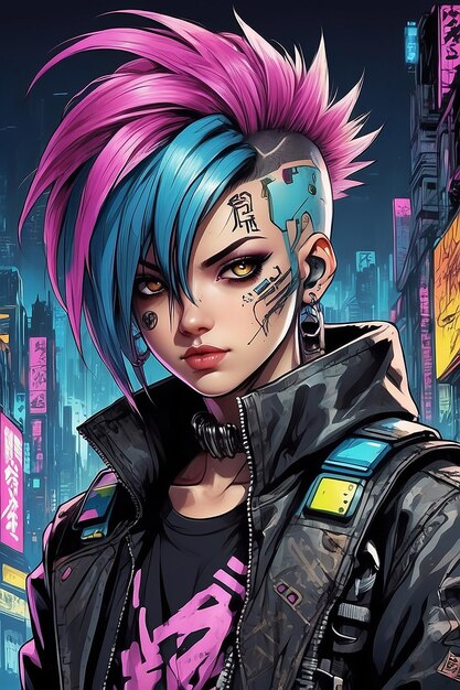 Foto foto cyberpunk punkrock personagem de mangá e anime desenhado à mão em estilo de quadrinhos e graffiti dos anos 90