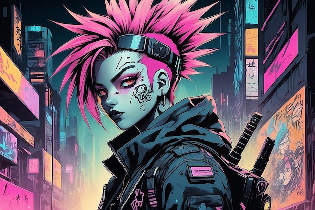 Foto cyberpunk punkrock personagem de mangá e anime desenhado à mão em estilo de quadrinhos e graffiti dos anos 90