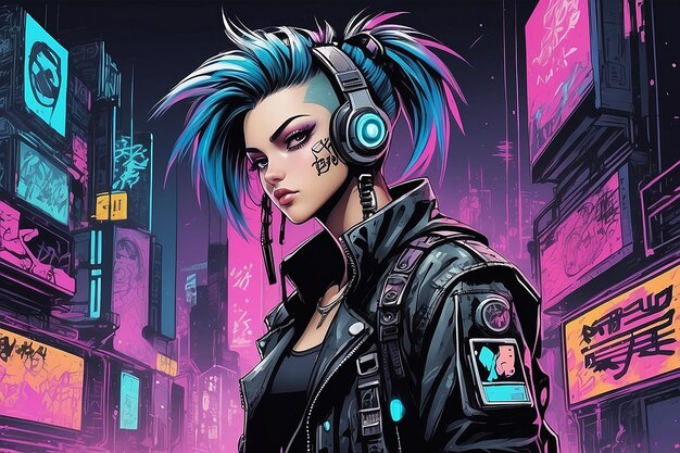 Foto cyberpunk punkrock personagem de mangá e anime desenhado à mão em estilo de quadrinhos e graffiti dos anos 90