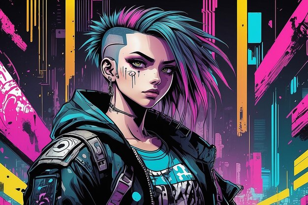 Foto cyberpunk punkrock personagem de mangá e anime desenhado à mão em estilo de quadrinhos e graffiti dos anos 90