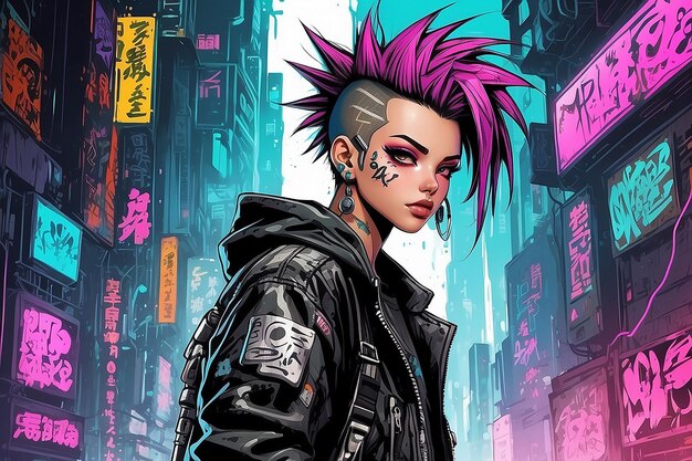 Foto cyberpunk punkrock personagem de mangá e anime desenhado à mão em estilo de quadrinhos e graffiti dos anos 90