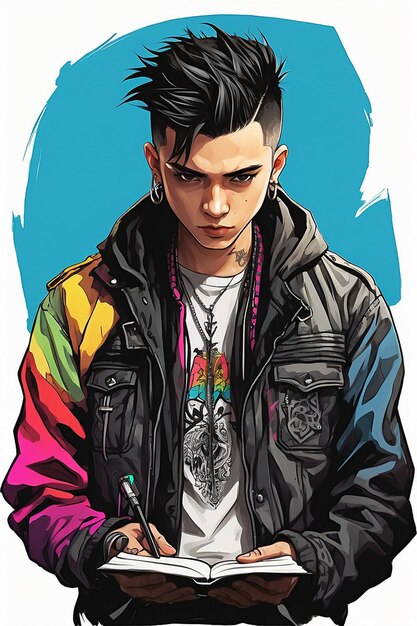 Foto cyberpunk punkrock personagem de mangá e anime desenhado à mão em estilo de quadrinhos e graffiti dos anos 90