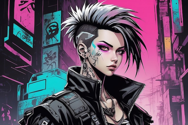 Foto foto cyberpunk punkrock personaje de manga y anime dibujado a mano en estilo de cómic y graffiti de los años 90