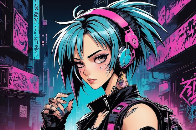 Foto foto cyberpunk punkrock personaje de manga y anime dibujado a mano en estilo de cómic y graffiti de los años 90