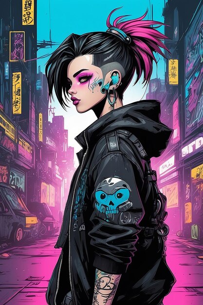 Foto foto cyberpunk punkrock personaje de manga y anime dibujado a mano en estilo de cómic y graffiti de los años 90