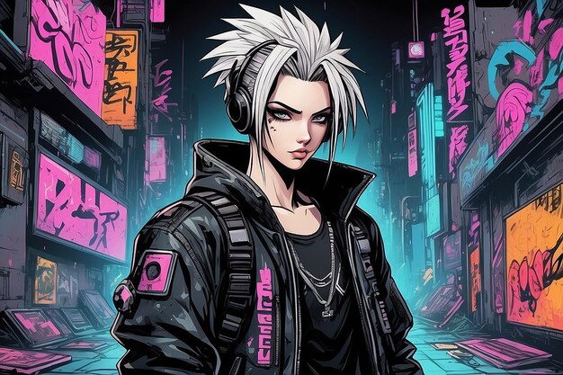 Foto foto cyberpunk punkrock personaje de manga y anime dibujado a mano en estilo de cómic y graffiti de los años 90