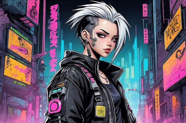 Foto cyberpunk punkrock personaje de manga y anime dibujado a mano en estilo de cómic y graffiti de los años 90