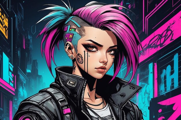 Foto foto cyberpunk punkrock personaje de manga y anime dibujado a mano en estilo de cómic y graffiti de los años 90