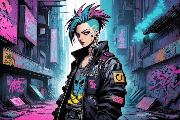 Foto cyberpunk punkrock personaje de manga y anime dibujado a mano en estilo de cómic y graffiti de los años 90