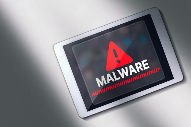 Foto da área de trabalho do alerta de malware na tela do tablet digital Conceito de informação comprometida