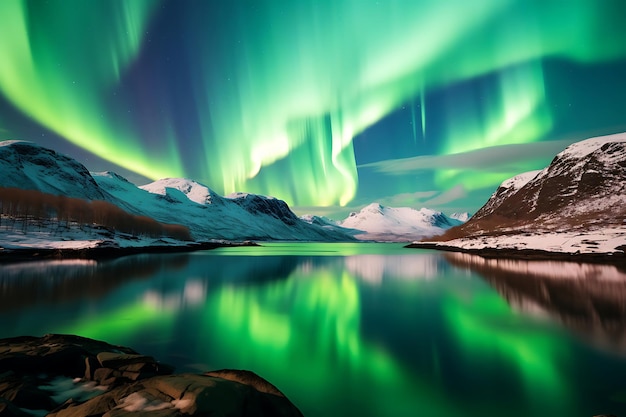 Foto da Aurora Boreal sobre um majestoso fiorde norueguês