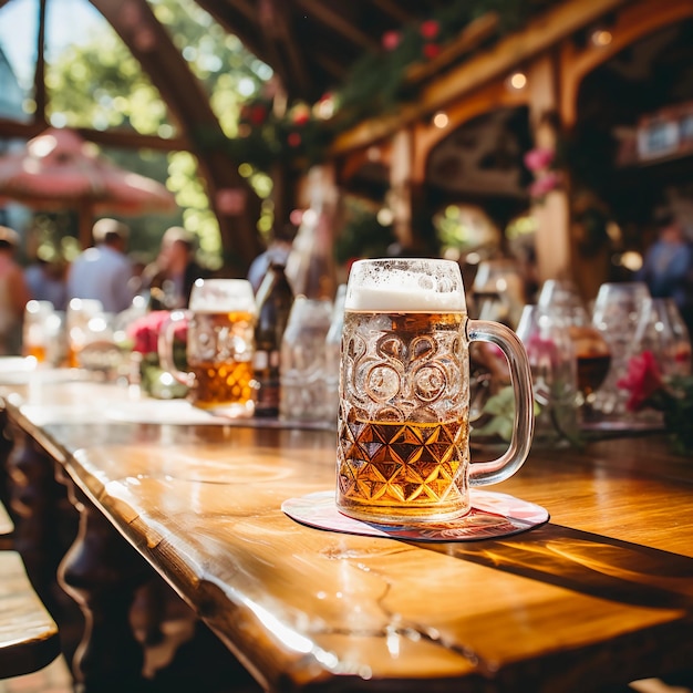 foto da barraca de cerveja bávara com copos de cerveja bávara cheios de cerveja nas mesas